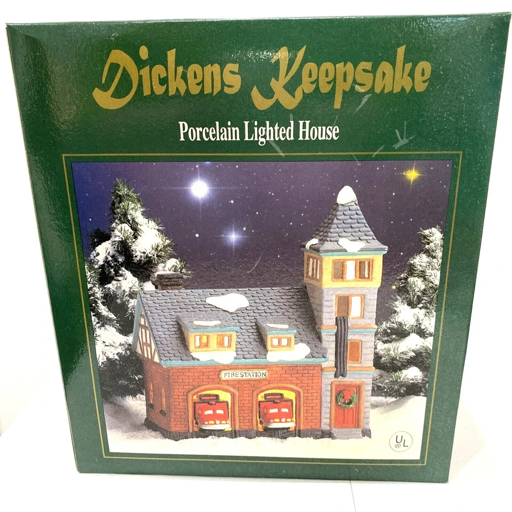 Vintage NOS Dickens Keepsake Christmas village lighted Fire Station ceramic